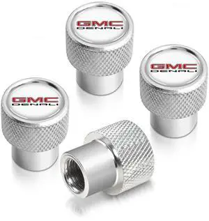 GMC Denali Nameplate in White on Shining Silver Aluminum Tire Valve Stem Caps
