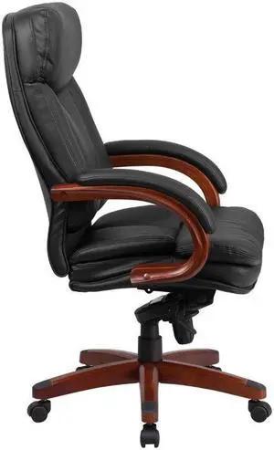 High Back Black LeatherSoft Executive Ergonomic Office Chair with Synchro-Tilt Mechanism, Mahogany Wood Base and Arms