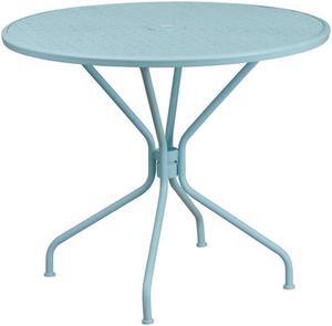 Commercial Grade 35.25" Round Sky Blue Indoor-Outdoor Steel Patio Table