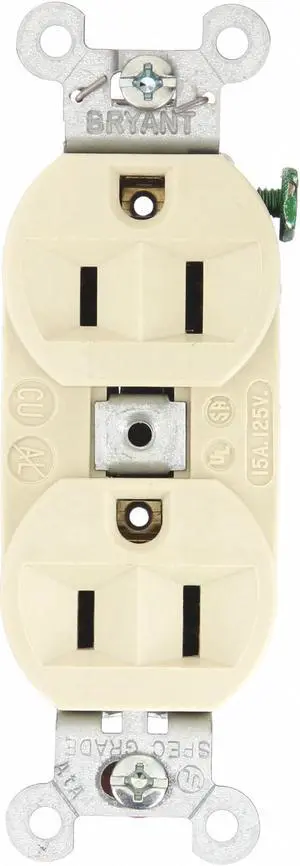 BRYANT 5262BI Straight Blade Receptacle, 5-15R, 15 A, 125V AC, 2 Pole, 3 Wire,