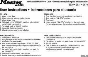 MASTER LOCK 3634LES Instruction Sticker, English/Spanish, PK10
