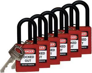 BRADY 123342 Lockout Padlock,KA,Red,1-3/4"H,PK6