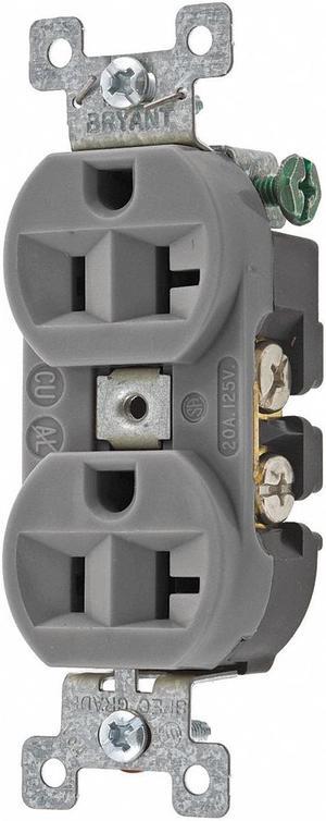 BRYANT 5362BGRY Straight Blade Receptacle, 5-20R, 20 A, 125V AC, 2 Pole, 3
