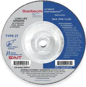 UNITED ABRASIVES/SAIT 20089 Depressed Center Grinding Wheel, Type 27, 7 in Dia,