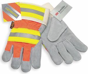 Mcr Safety Leather Gloves Gray Palm, HiVis Orange and Yellow Back   1440L