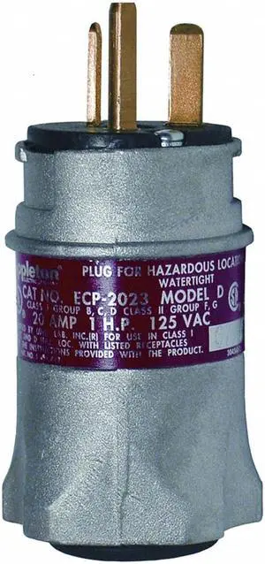 APPLETON ELECTRIC ECP-2023 Plug,20A,2P,3W,Alum,NEMA 3,3R,7BCD,9FG