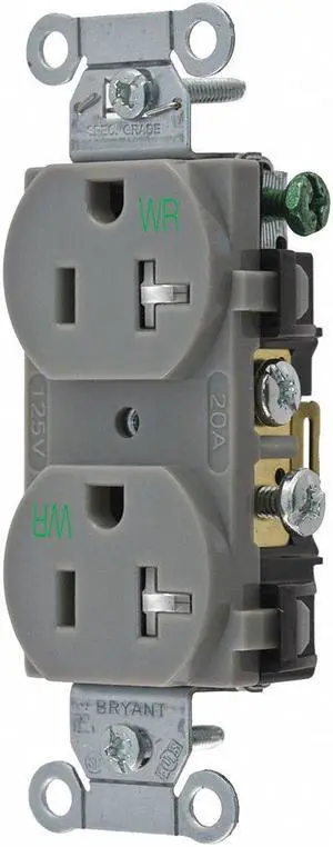 BRYANT CBRS20GRYWRTR Straight Blade Receptacle, 5-20R, 20 A, 125V AC, 2 Pole, 3
