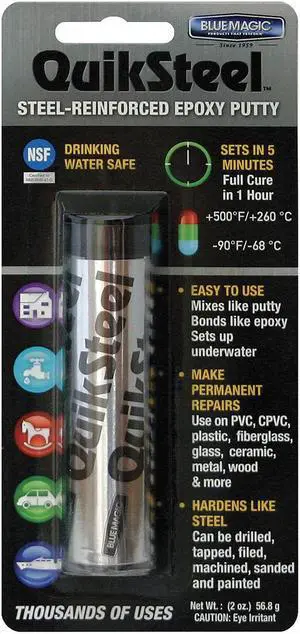 BLUE MAGIC 16002TRI Putty, 2 oz Container Size, Tube, Quicksteel, Gray BLUE MAGIC 16002TRI Putty, 2 oz Container Size, Tube, Quicksteel, Gray