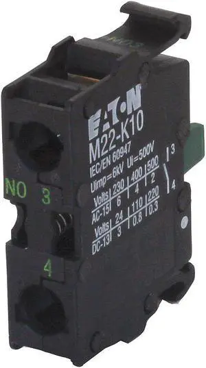 EATON M22-K10 Contact Block, Screw, Black, 22mm, 1NO