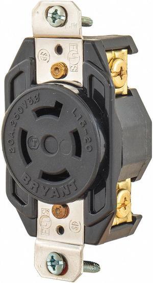 Black Locking Receptacle, 20 Amps, 250VAC Voltage, NEMA Configuration: L15-20R