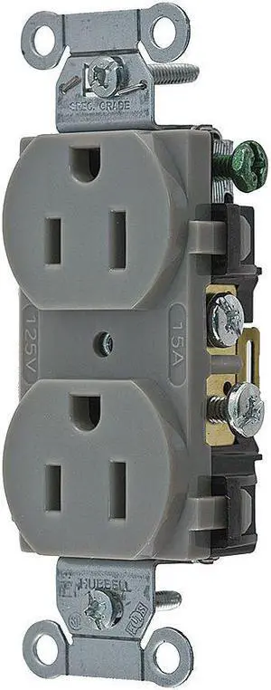 HUBBELL WIRING DEVICE-KELLEMS CR15GRY Straight Blade Receptacle, 5-15R, 15 A,