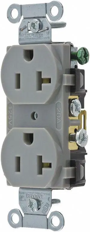 BRYANT CRS20GRY Straight Blade Receptacle, 5-20R, 20 A, 125V AC, 2 Pole, 3