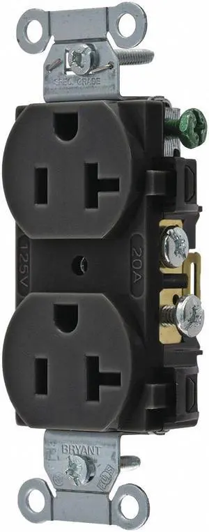 BRYANT CRS20BLK Straight Blade Receptacle, 5-20R, 20 A, 125V AC, 2 Pole, 3