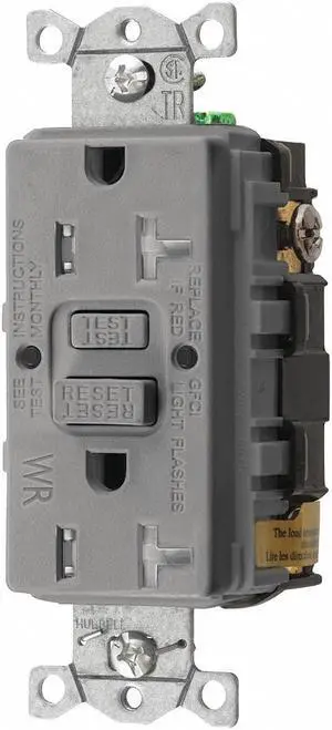 HUBBELL WIRING DEVICE-KELLEMS GFRTW20GRY GFCI Receptacle, 20A, 125VAC, 5-20R,