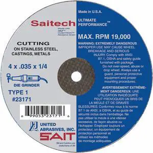 UNITED ABRASIVES/SAIT 23140 Abrasive Cut-Off Wheel, Type 1, 3 in Dia, 0.0625 in