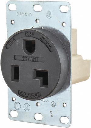 BRYANT 9530FR Straight Blade Receptacle, 5-30R, 30 A, 125V AC, 2 Pole, 3 Wire,