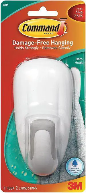 COMMAND 17600B Bathroom Hook,Molded Plastic,2-1/4 In