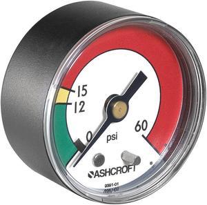 ASHCROFT 20W1005PH01B 60 PSI Pressure Gauge, 0 to 60 psi, 1/8 in MNPT, Plastic,