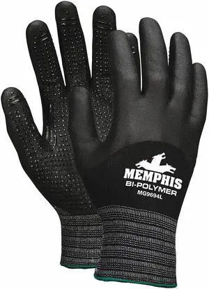 MCR SAFETY MG9694L Coated Gloves, Bi-Polymer/Nitrile, Dotted, Palm, 0 Abrasion
