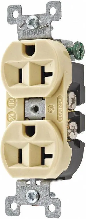 BRYANT 5362BI Straight Blade Receptacle, 5-20R, 20 A, 125V AC, 2 Pole, 3 Wire,