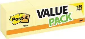 POST-IT 654-14+4YW Sticky Notes,3x3 In.,Yellow,PK18