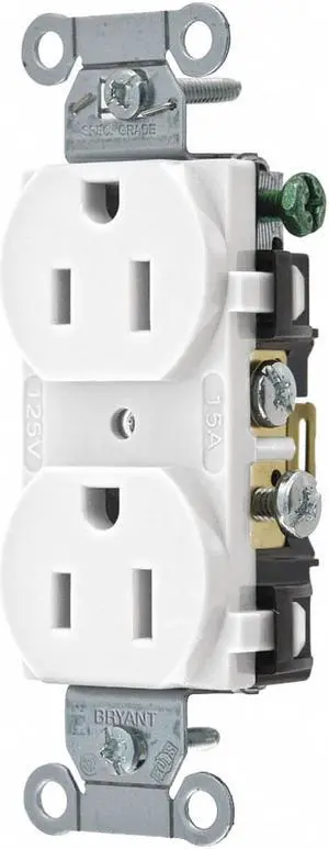 BRYANT CRS15W Straight Blade Receptacle, 5-15R, 15 A, 125V AC, 2 Pole, 3 Wire,
