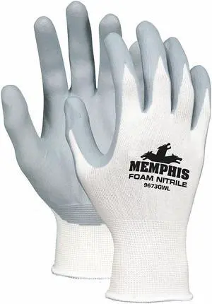 MCR SAFETY 9673GWL Coated Gloves, Foam Nitrile, Foam, Palm, 3 Abrasion Level,