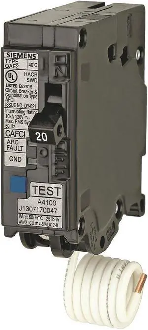 SIEMENS QA120AFC Miniature Circuit Breaker, QA Series, 20A, 1 Pole, 120V AC,