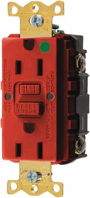 HUBBELL WIRING DEVICE-KELLEMS GFR82R GFCI Receptacle, 15A, 125VAC, 5-15R, Red