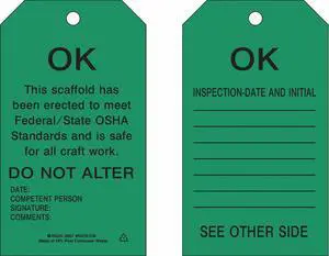 BRADY 86627 Scaffold OK Tag,7 x 4 In,Bk/Grn,PK10