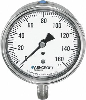 ASHCROFT 251009SWL02L100# Pressure Gauge, 0 to 100 psi, 1/4 in MNPT, Stainless