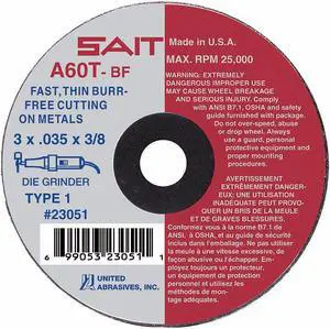 UNITED ABRASIVES-SAIT 23053 CutOff Wheel,A60T,3"x.035"x1/4",25000rpm