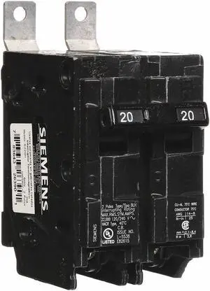 SIEMENS B220H Miniature Circuit Breaker, BL Series, 20A, 2 Pole, 120/240V AC,