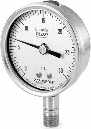 ASHCROFT 251009SW02LXLL30 Pressure Gauge, 0 to 30 psi, 1/4 in MNPT, Stainless
