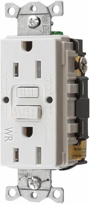 HUBBELL WIRING DEVICE-KELLEMS GFRTW15W GFCI Receptacle, 15A, 125VAC, 5-15R,