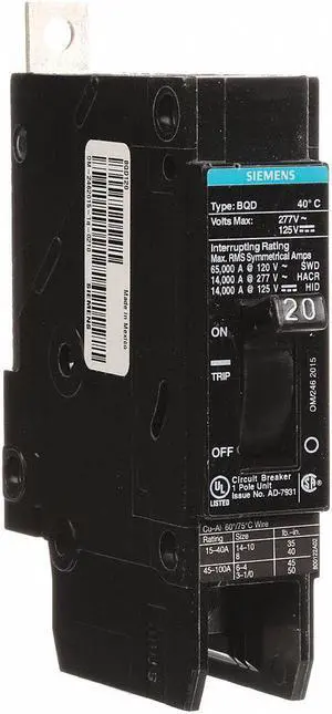 SIEMENS BQD120 Miniature Circuit Breaker, BQD Series, 20A, 1 Pole, 277V AC,