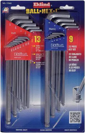 EKLIND 17322 22-Piece Hex Key Set, Combination Ball-Hex-L, Extra Long, Metric