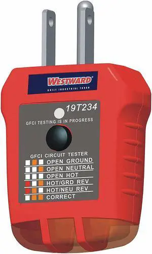 WESTWARD 19T234 Receptacle Tester with GFCI,110to 125VAC