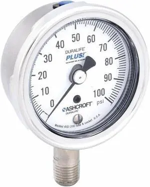 ASHCROFT 251009SW02LXLL100 Industrial Pressure Gauge, 0 to 100 psi, 2 1/2 in