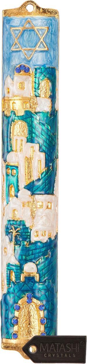 Matashi Hand Painted Blue and Ivory Enamel Jerusalem Cityscape Mezuzah Embellished with Gold Accents and a Star of David Crystals Home Door Wall Decor Housewarming Present Gift for Festival(5.5 inch)