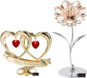 Matashi 24K Gold Plated Double Heart Happy Anniversary Banner Ornament Cake Topper for Loved One w/ Chrome and Rose Gold Plated Sunflower Figurine Tabletop Showpiece Gift for Anniversary(Red Crystals)