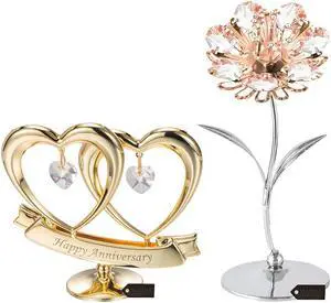 Matashi 24K Gold Plated Double Heart Happy Anniversary Banner Ornament Cake Topper for Loved One w/ Chrome & Rose Gold Plated Sunflower Figurine Tabletop Showpiece Gift for Anniversary (Clear Crystal)