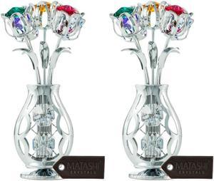 2 Set Matashi Chrome Plated Flowers Bouquet Vase Ornament with Colorful Crystals Home Decorative Tabletop Showpiece for Living Room Bedroom Gift for Christmas Valentines Day Mothers Day Birthday
