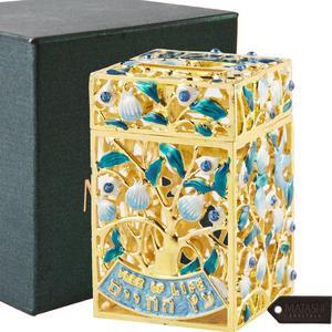 Matashi Hand-Painted Enamel Tzedakah Charity Box Keepsake Treasure Box Embellished with Crystals and a Tree of Life Motif Design with Gold Accents, Judaica Home Decor Piggy Bank Gift for Holiday