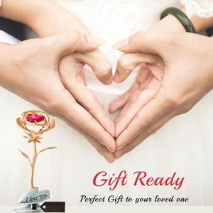 Matashi Single Rose Gold Plated Rose Flower Tabletop Ornament w/ Red Crystals - I Love You Floral Arrangement