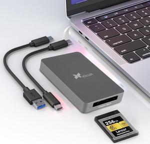 Xcellon CFexpress Type B Card Reader USB 3.2 Gen 2 10Gbps CFexpress Card Reader, Memory Card Reader w USB C to USB C/USB A Cable, Plug-and-Play, Aluminum Enclosure, Push Lock n Security LED Indicator