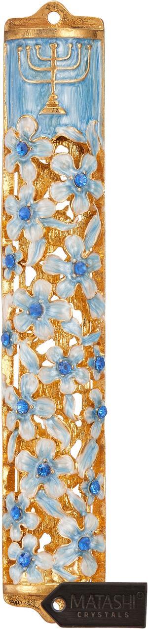 Matashi Hand Painted Blue and Ivory Enamel Flower Mezuzah Embellished with Gold Accents and Menorah Design Crystals Home Door Wall Decor Housewarming Present Gift for Festival(5.5 inch)