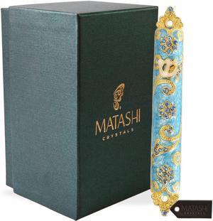 4.5" Hand Painted Enamel Mezuzah Embellished with a Rich Blue Judaica Design Gold Accents and High Quality Crystals by Matashi