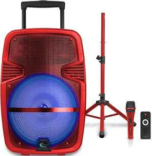 Technical Pro PARTY15RPKG2 Red 15" Rechargeable Bluetooth LED Loudspeaker Package with Tripod & Microphone