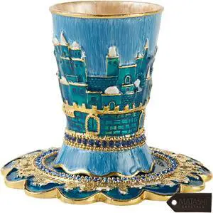 Matashi Hand-Painted Enamel 3.3'' Tall  Kiddush Cup Set with Tray Embellished with High Quality Crystals and Jerusalem, Judaica Gift